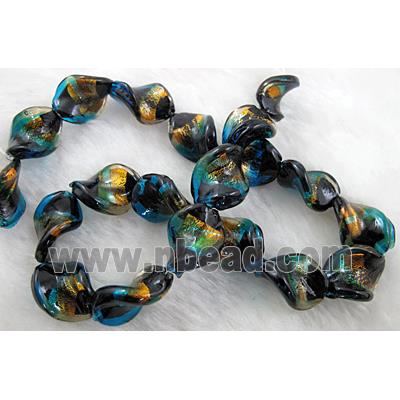 dichromatic lampwork glass beads with gold foil, twist, peacock-blue