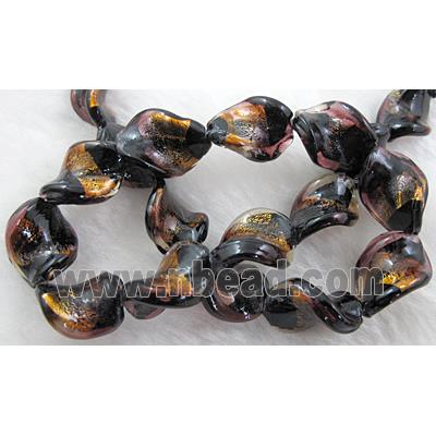 dichromatic lampwork glass beads with gold foil, twist, yellow