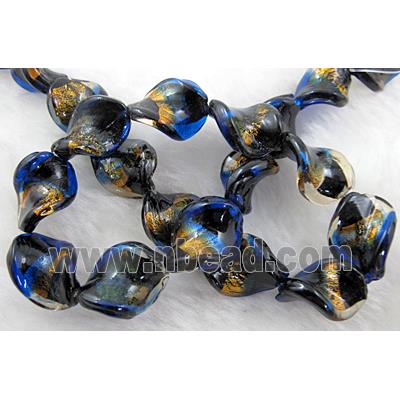dichromatic lampwork glass beads with gold foil, twist, blue
