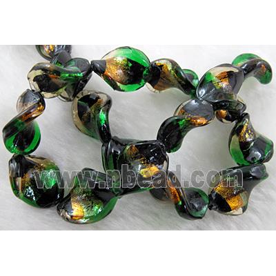 dichromatic lampwork glass beads with gold foil, twist, green