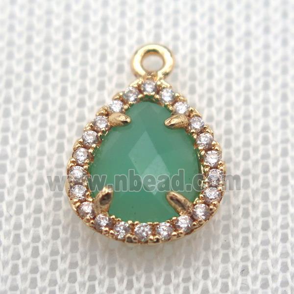 copper teardrop pendant pave zircon with green crystal glass, gold plated