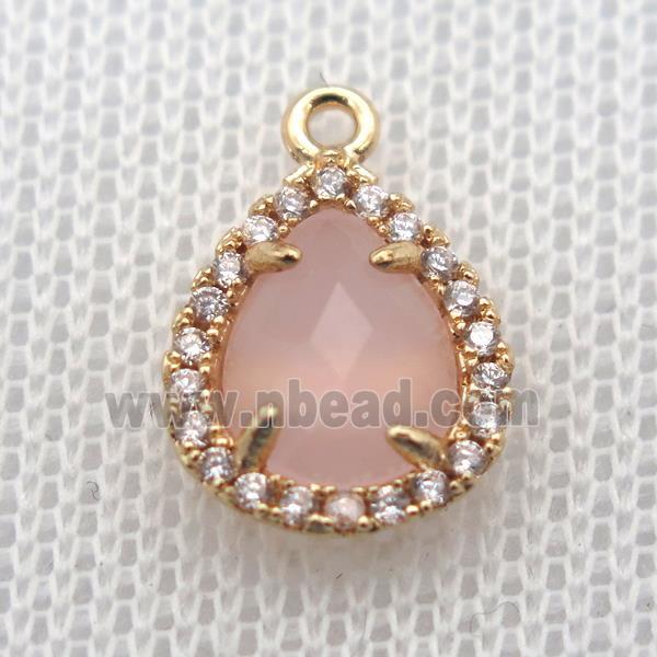 copper teardrop pendant pave zircon with pink crystal glass, gold plated