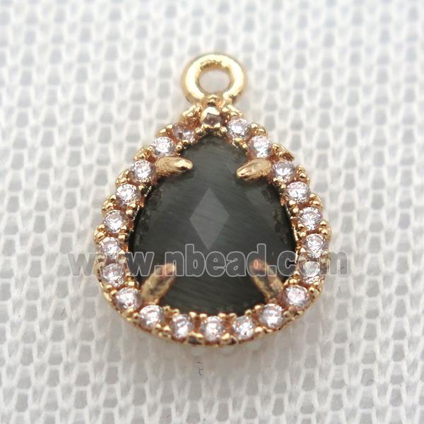 copper teardrop pendant pave zircon with grey crystal glass, gold plated