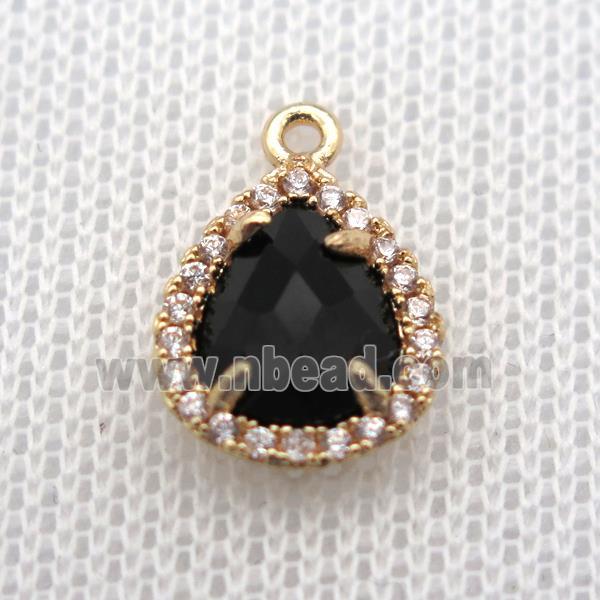 copper teardrop pendant pave zircon with black crystal glass, gold plated