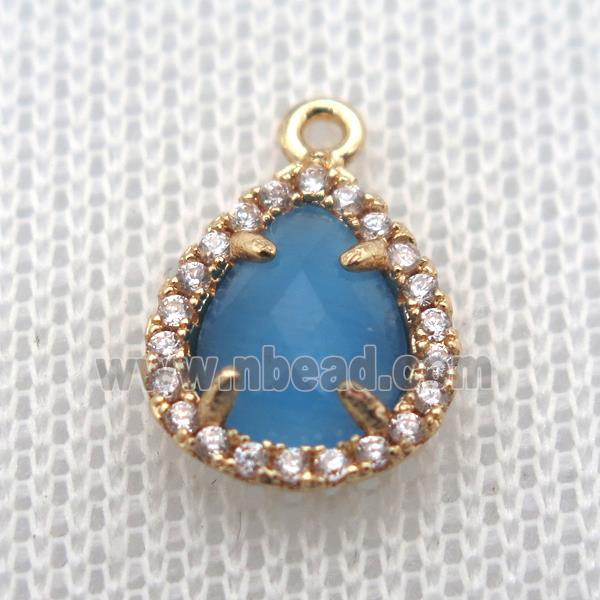 copper teardrop pendant pave zircon with blue crystal glass, gold plated