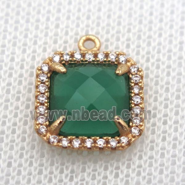copper square pendant pave zircon with green crystal glass, gold plated