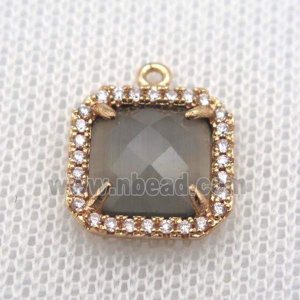 copper square pendant pave zircon with gray crystal glass, gold plated
