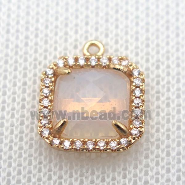 copper square pendant pave zircon with opalite, gold plated