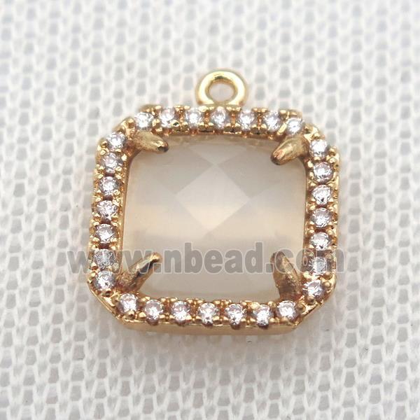 copper square pendant pave zircon with white crystal glass, gold plated