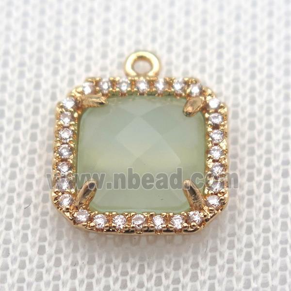 copper square pendant pave zircon with lt.green crystal glass, gold plated