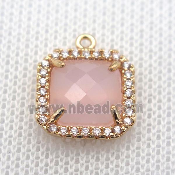 copper square pendant pave zircon with lt.pink crystal glass, gold plated