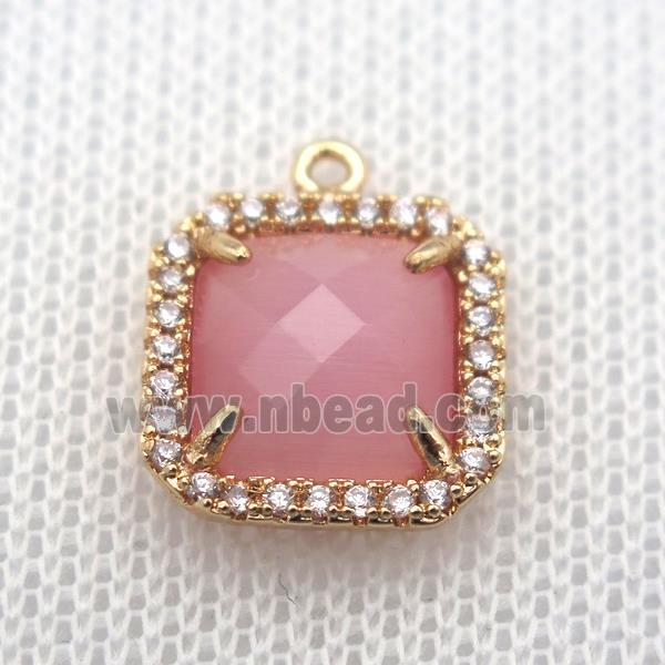 copper square pendant pave zircon with pink crystal glass, gold plated