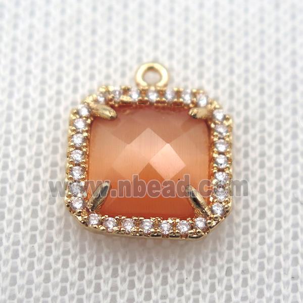 copper square pendant pave zircon with orange crystal glass, gold plated