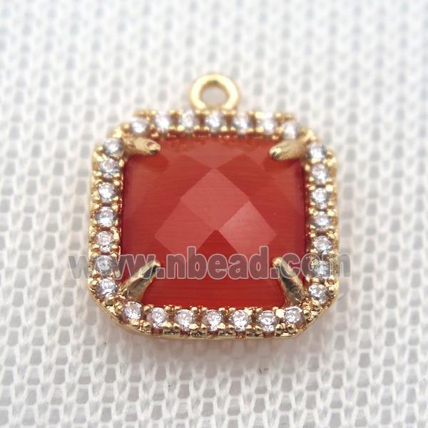 copper square pendant pave zircon with red crystal glass, gold plated