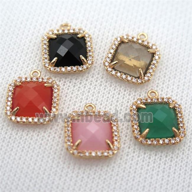 copper square pendant pave zircon with crystal glass, mixed, gold plated
