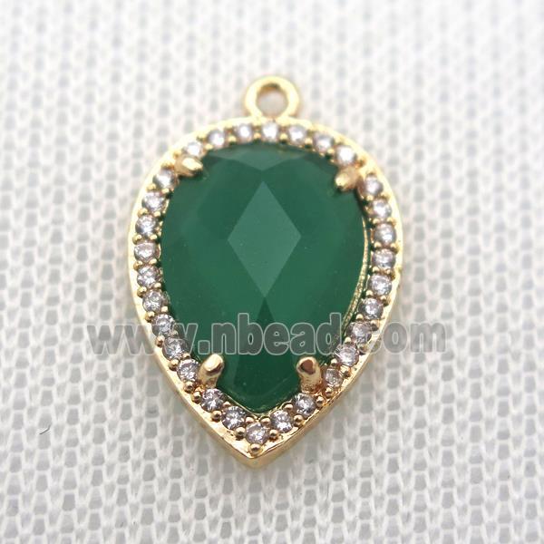 copper teardrop pendant pave zircon with green crystal glass, gold plated