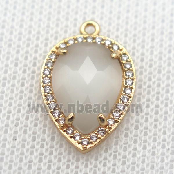 copper teardrop pendant pave zircon with white crystal glass, gold plated