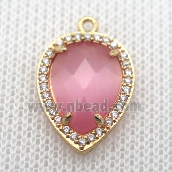 copper teardrop pendant pave zircon with pink crystal glass, gold plated