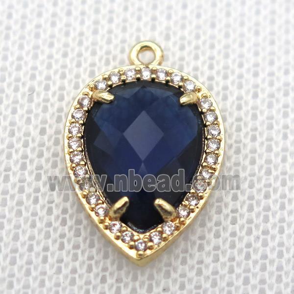 copper teardrop pendant pave zircon with deepblue crystal glass, gold plated