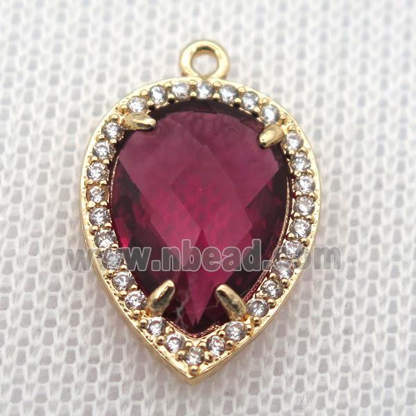 copper teardrop pendant pave zircon with redwine crystal glass, gold plated