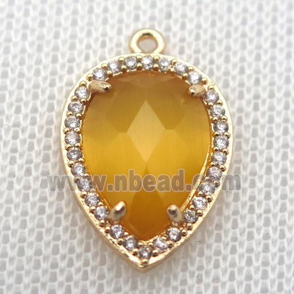 copper teardrop pendant pave zircon with yellow crystal glass, gold plated