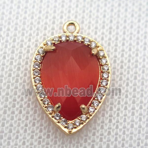copper teardrop pendant pave zircon with red crystal glass, gold plated