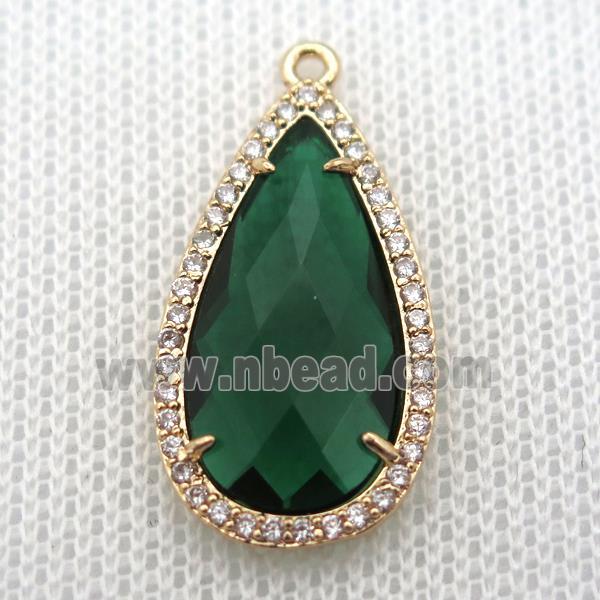 copper teardrop pendant pave zircon with deepgreen crystal glass, gold plated