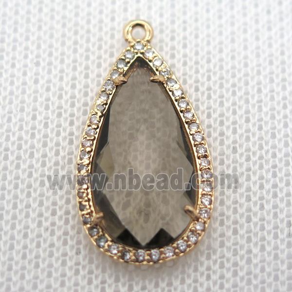 copper teardrop pendant pave zircon with gray crystal glass, gold plated