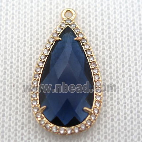 copper teardrop pendant pave zircon with blue crystal glass, gold plated