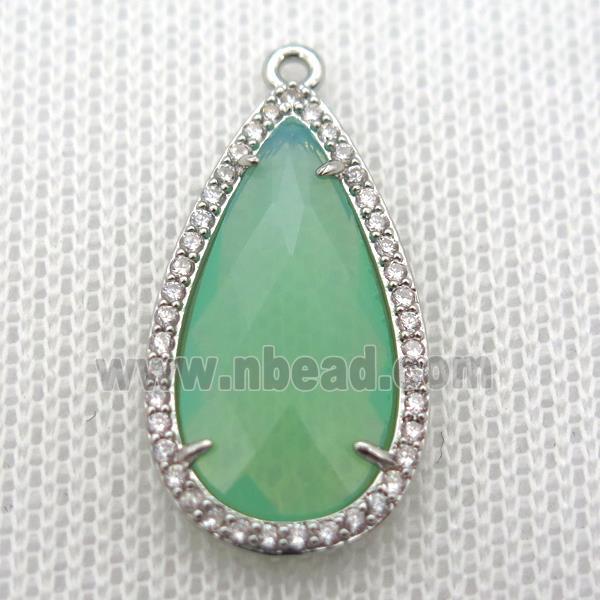 copper teardrop pendant pave zircon with green crystal glass, platinum plated
