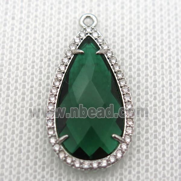 copper teardrop pendant pave zircon with deepgreen crystal glass, platinum plated