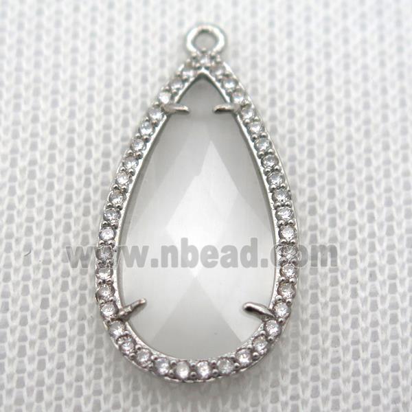 copper teardrop pendant pave zircon with white crystal glass, platinum plated