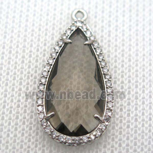 copper teardrop pendant pave zircon with gray crystal glass, platinum plated