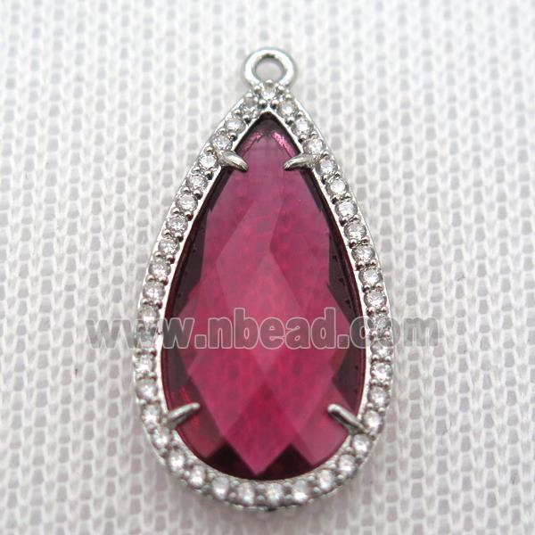 copper teardrop pendant pave zircon with redwine crystal glass, platinum plated