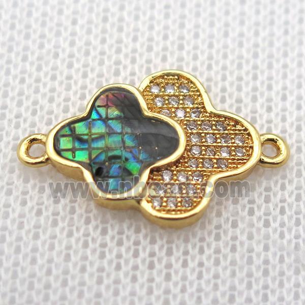 copper clover connector paved zircon with abalone shell, gold plated