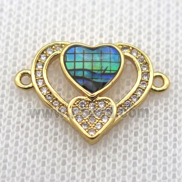 copper heart connector paved zircon with abalone shell, gold plated