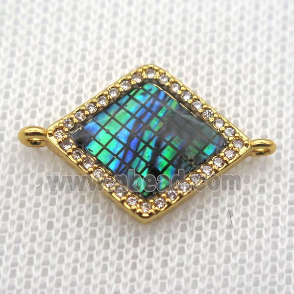 copper rhombus connector paved zircon with abalone shell, gold plated