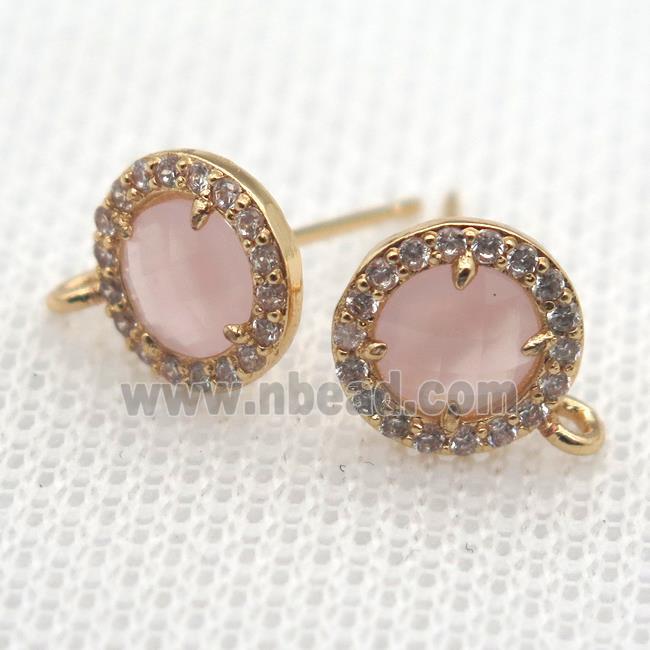 copper stud Earrings pave zircon with pink crystal glass, circle, gold plated