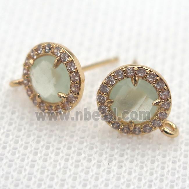 copper circle stud Earrings pave zircon with lt.green crystal glass, gold plated