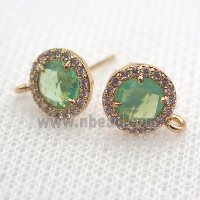 copper circle stud Earrings pave zircon with green crystal glass, gold plated