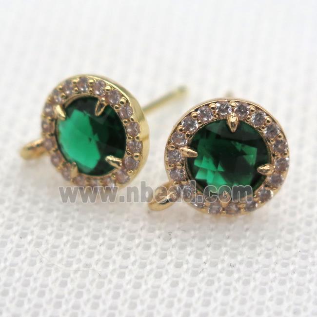 copper circle stud Earrings pave zircon with emerald crystal glass, gold plated