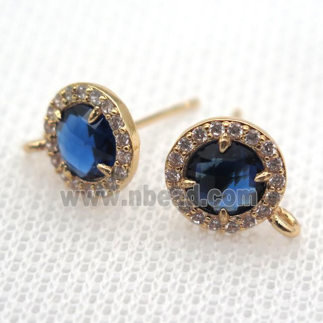 copper circle stud Earrings pave zircon with blue crystal glass, gold plated
