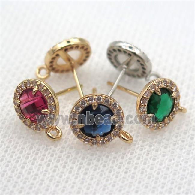 copper circle stud Earrings pave zircon with crystal glass, mixed color, gold plated