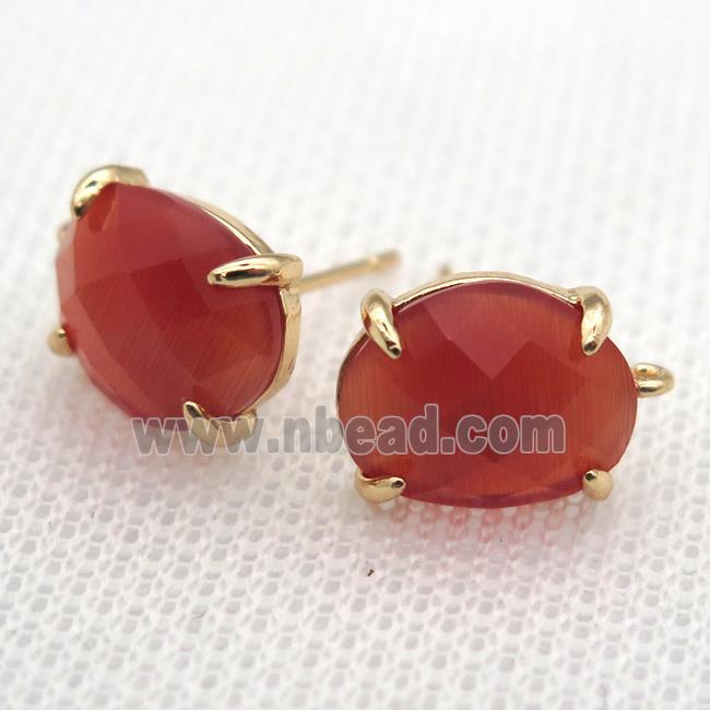 copper stud Earrings with red crystal glass, gold plated