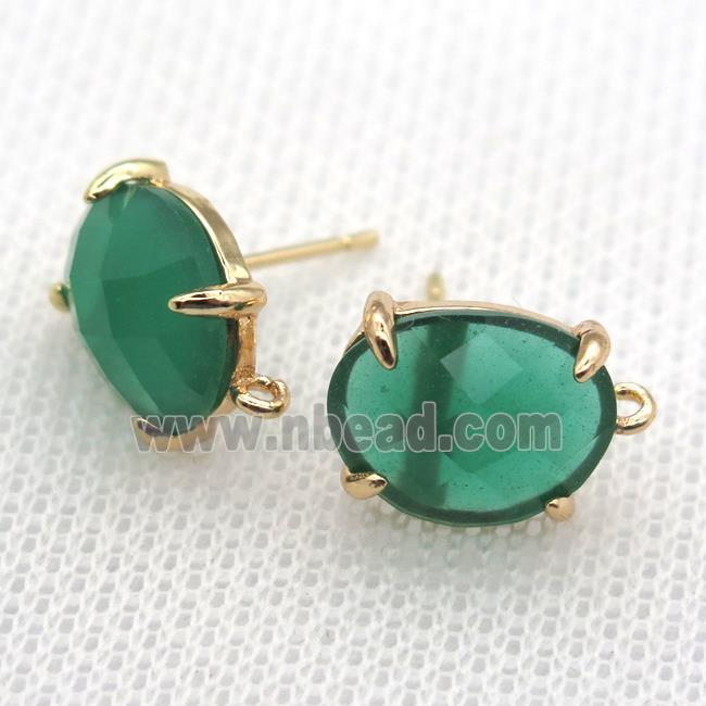 copper stud Earrings with green crystal glass, gold plated