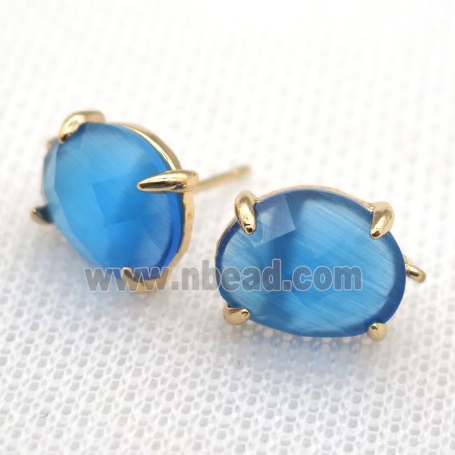 copper stud Earrings with blue crystal glass, gold plated