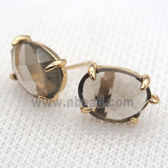 copper stud Earrings with gray crystal glass, gold plated