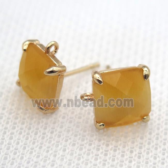 copper square stud Earrings with yellow crystal glass, gold plated
