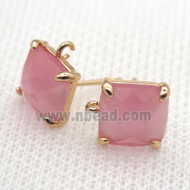copper square stud Earrings with pink crystal glass, gold plated