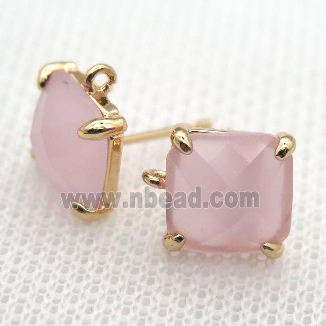 copper square stud Earrings with lt.pink crystal glass, gold plated